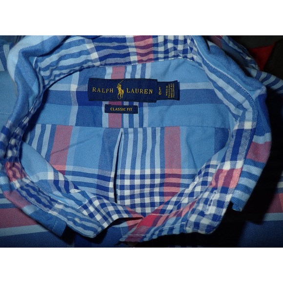 Ralph Lauren Classic Fit Plaid Button Down Shirt Men Size L Blue Pink - Picture 5 of 5
